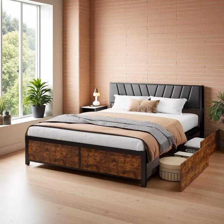Struttura letto matrimoniale in metallo e legno nero 160x200 cm con cassetti estraibili e LED - Perfetta per la camera da letto degli adulti, USB