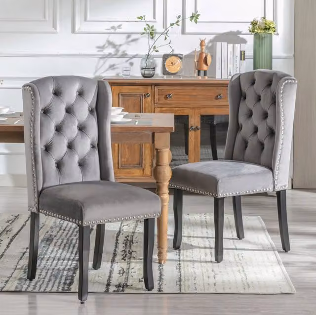 Set da 6 Sedie da Pranzo in Velluto con Gambe in Rovere, Dettagli con Bottoni e Borchie, Grigio