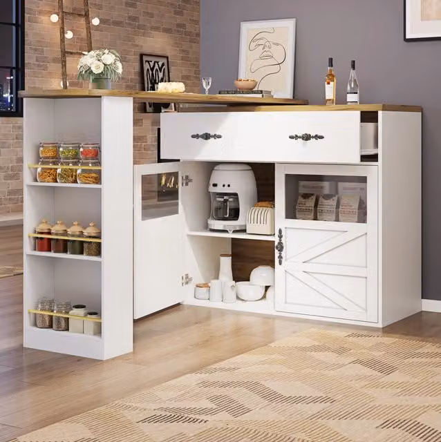 Tavolo da Bar Allungabile con Ripiani e Rotazione a 360° (138-204×39×104cm) in MDF Bianco