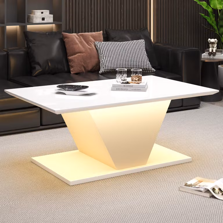 Tavolino da salotto di forma speciale, 100×50×46 cm, con luci a LED, tavolino da salotto lucido, tavolino da divano, tavolino ausiliario, adatto a spazi ridotti