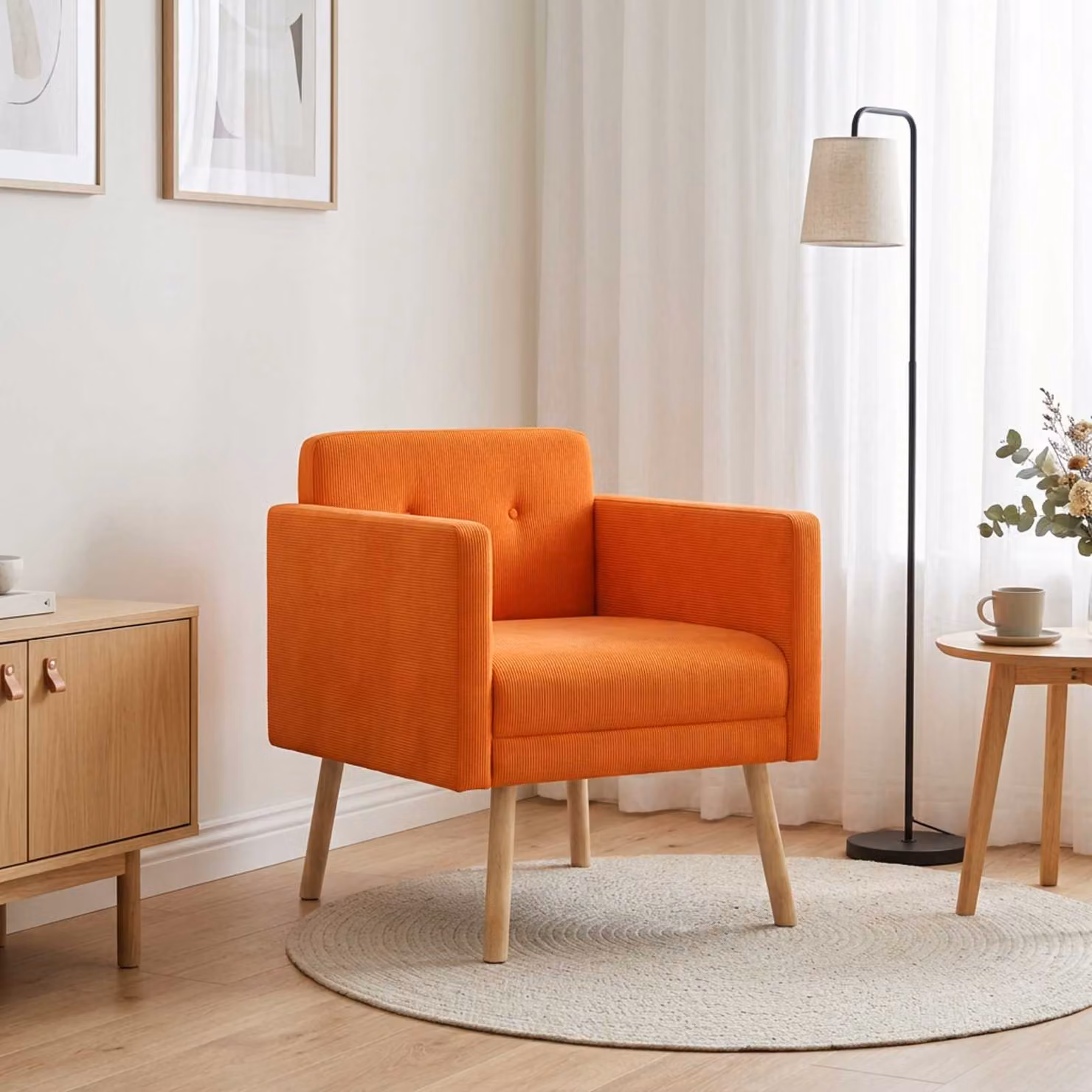 Sedia d'accento moderna vidaXL in velluto a coste arancione con braccioli e struttura in legno