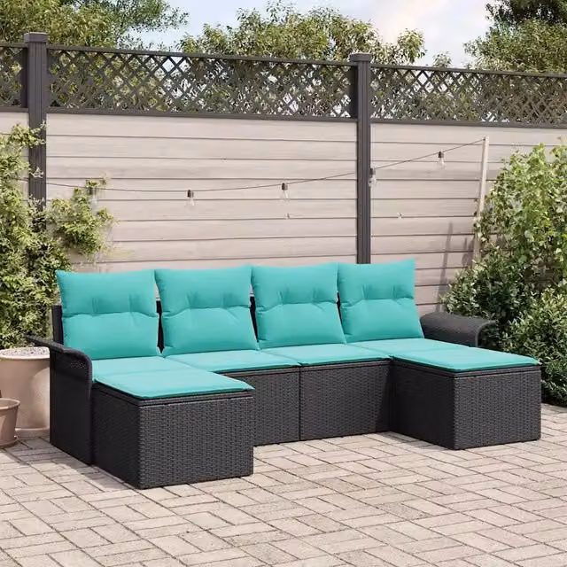 Set Divano da Giardino a L vidaXL in Polyrattan Nero e Turchese con 6 Pezzi e Cuscini Inclusi