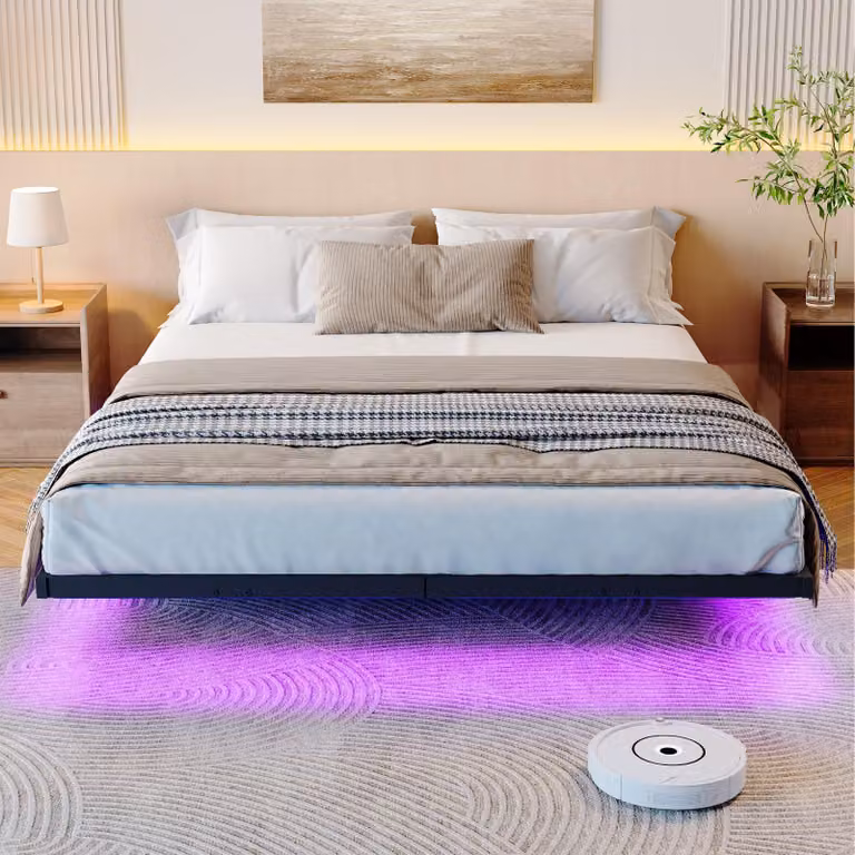 Letto matrimoniale in metallo, dimensioni 120x200 cm, con luci LED e stazione di ricarica USB, colore nero