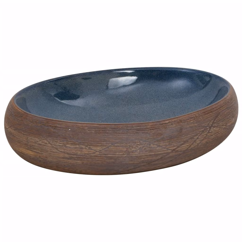 Lavabo da Appoggio Marrone e Blu Ovale 59x40x15 cm Vetroceramica