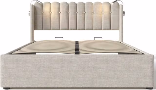 Letto matrimoniale imbottito 160x200 con luce da lettura, funzione di ricarica USB e grande contenitore in lino naturale