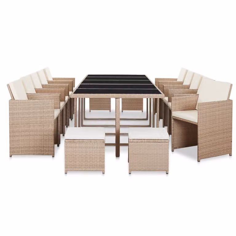 The Living Store Set da pranzo da giardino 15 pezzi con cuscini in polyrattan beige