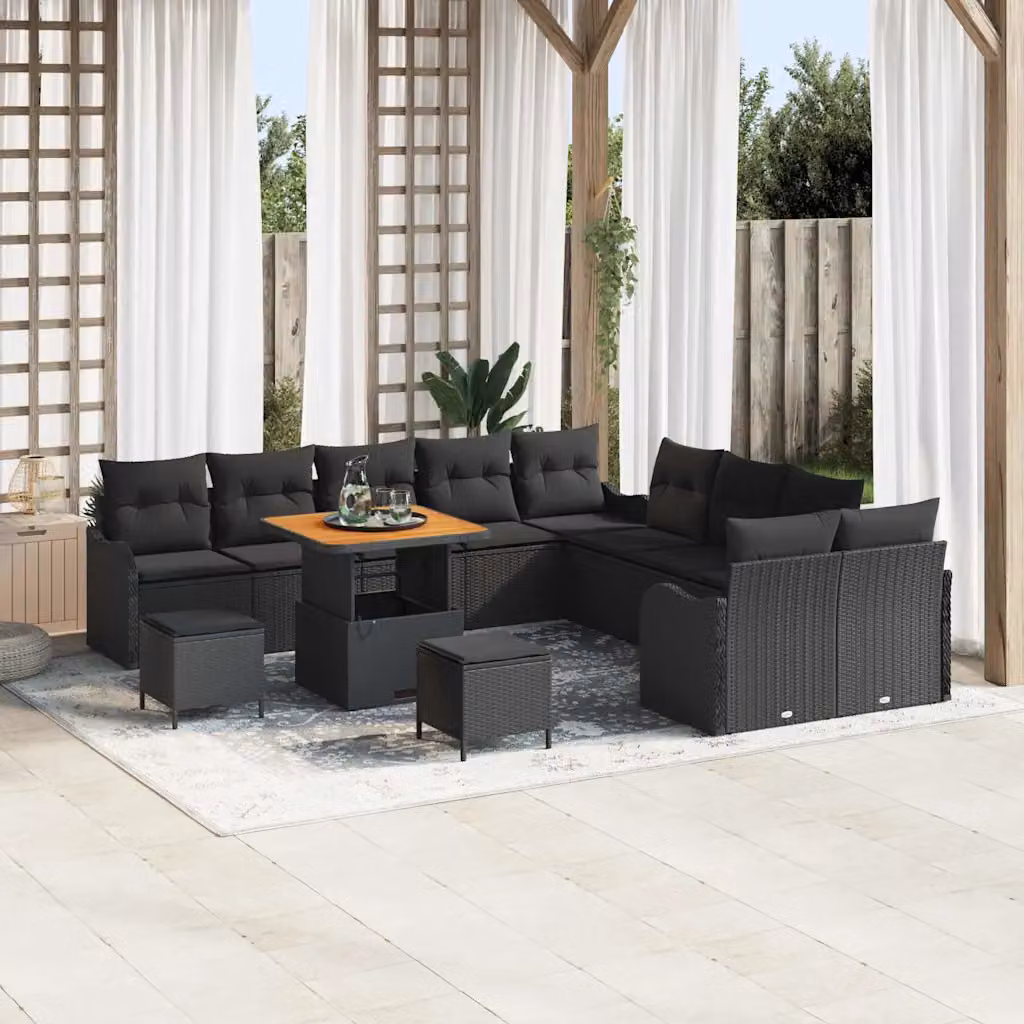 Set Divano da Giardino vidaXL a Forma a U con Cuscini e Tavolino, 13 Pezzi, Nero – 1