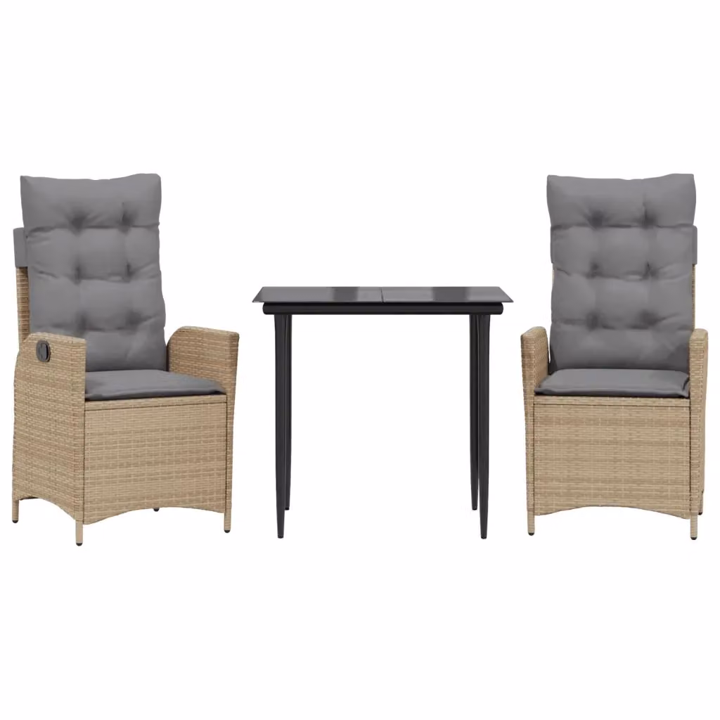 Set da Pranzo da Giardino 3 pz vidaXL in Polyrattan con Cuscini Beige e Tavolo in Vetro – 2