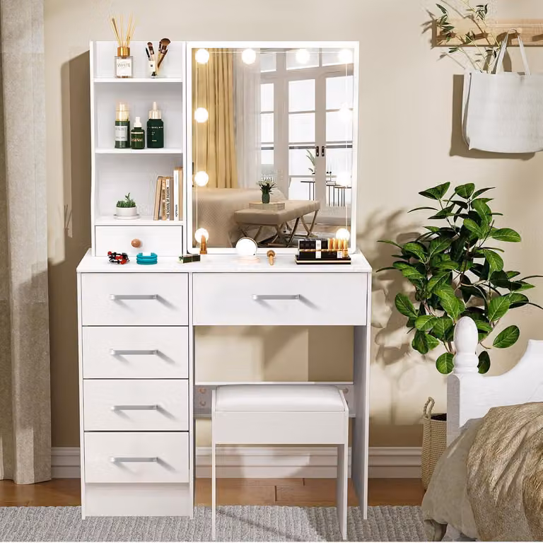 Comò da trucco con illuminazione a LED e cassetti, dimensioni 131x80x36 cm