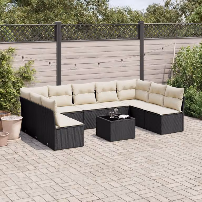 vidaXL Set Divani da Giardino Moderno con Tavolino e Cuscini, Struttura in Metallo e Polyrattan Nero e Bianco