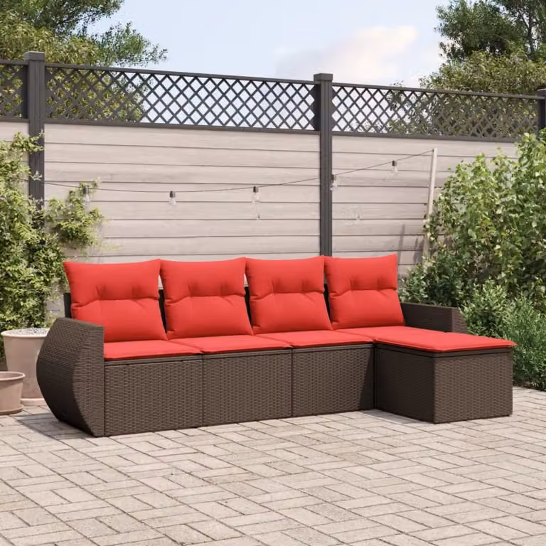 Set di divani da giardino vidaXL 5 pezzi in rattan marrone con cuscini e struttura in acciaio con forma a L per esterno