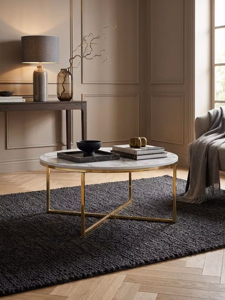 Tavolino da salotto 80x36x80 cm con effetto marmo bianco, tavolino da salotto con struttura in metallo, tavolino rotondo da salotto, tavolino di servizio