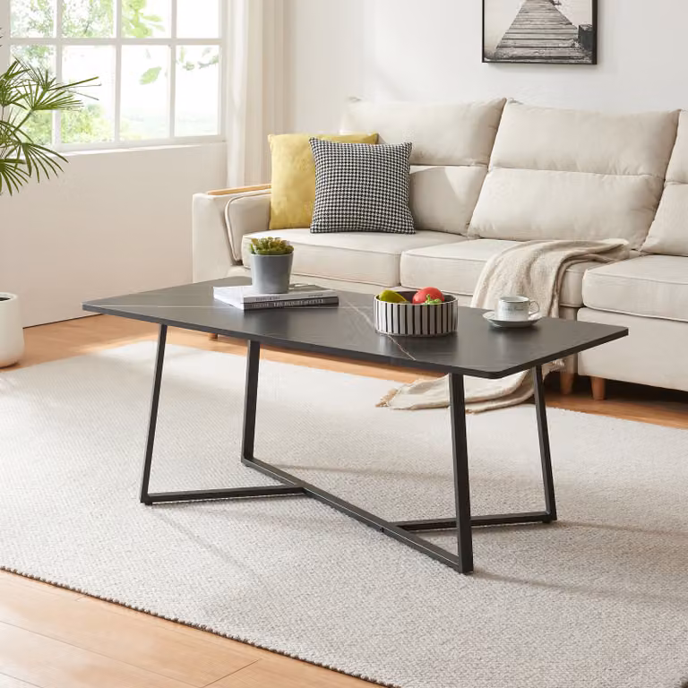 Tavolino 'Riskiften' Tavolo da soggiorno con struttura in metallo 120 x 60 x 48 cm aspetto marmo, nero