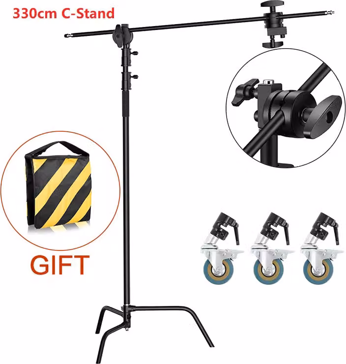 Supporto fotografico C-Stand, altezza regolabile 2,6 metri/3,3 metri, completo di sacco zavorra e treppiede, altezza 33 metri, larghezza