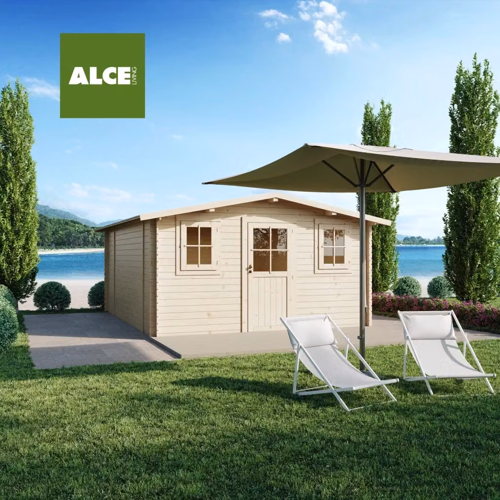 Casetta in legno Alce Dublino Express con porta singola finestrata e 2 finestre, L: 400 cm, P: 500 cm, colore grigio o beige – 2