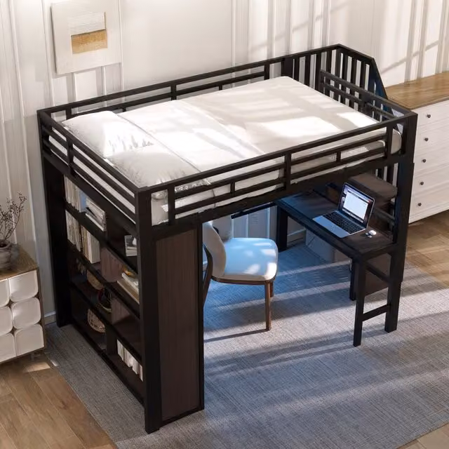 Letto a soppalco 140 × 200 cm con scrivania, gradini contenitore e LED regolabile, senza materasso, nero