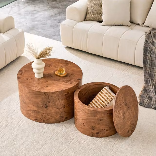 Set 2 Tavolini Rotondi a Nido con Contenitore, Legno MDF, Ø 62,8/44 cm, Piano Asportabile
