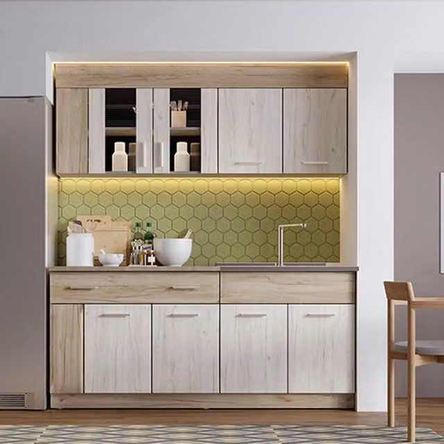 Cucinino Interamna DMORA moderno in legno e metallo con un cassetto e ante scorrevoli, Beige, L: 200 cm, H: 180 cm – 1