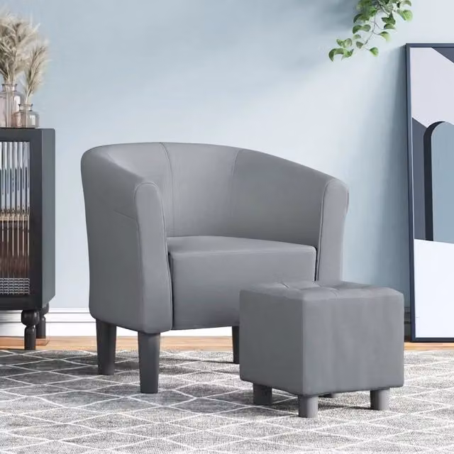 Divano Sedia-Poltrona Cabriolet con Poggiapiedi in Tessuto Grigio con Braccioli e Struttura in Legno e Plastica