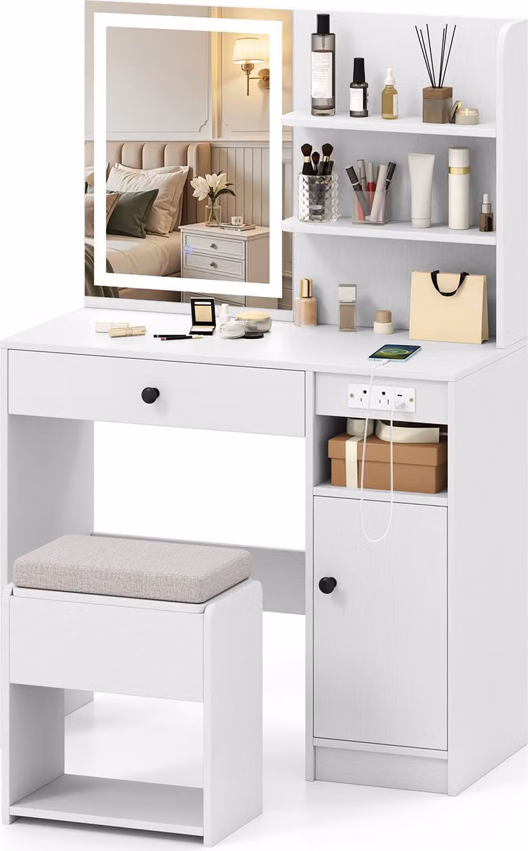 Tavolino da toilette COSTWAY con specchio e illuminazione a 3 modalità, tavolino da toilette con sgabello imbottito, prese di corrente, ripiano e armadietto, tavolino per cosmetici 90x40x135,5 cm