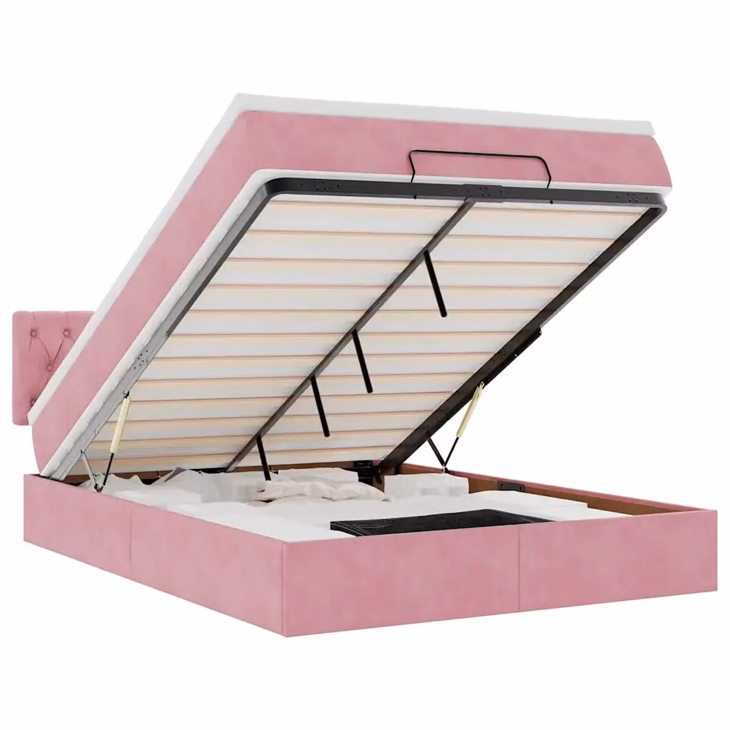 Letto con contenitore a sollevamento vidaXL in velluto rosa e bianco L/P/H: 200 x 140 x 88 cm – 2