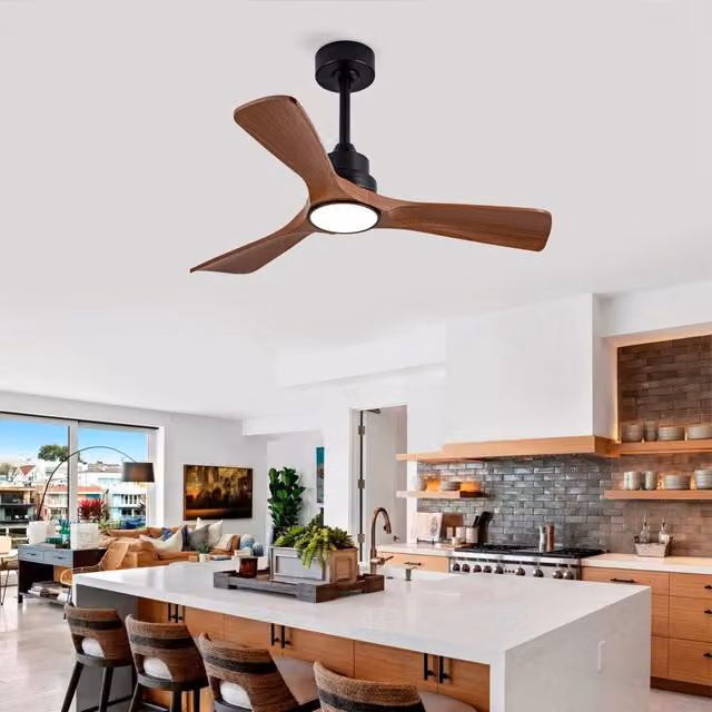 Ventilatore da soffitto moderno con luce LED e altezza regolabile, nero e marrone