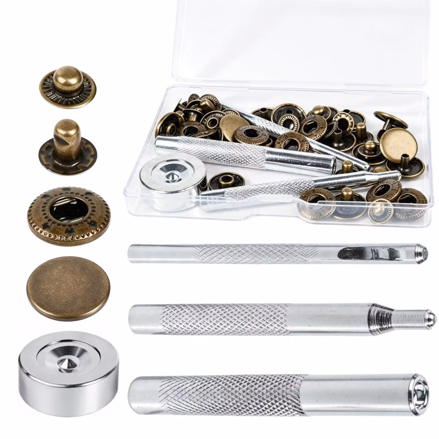 Set di bottoni a pressione, 52 pezzi, diametro 15 mm, in ottone, con strumento per cuoio e tessuto