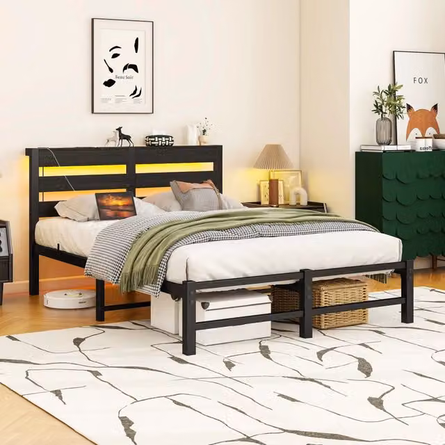 Letto singolo 120 × 200 cm con LED RGB, 2 porte USB, ripiano e spazio sotto il letto, senza materasso, nero