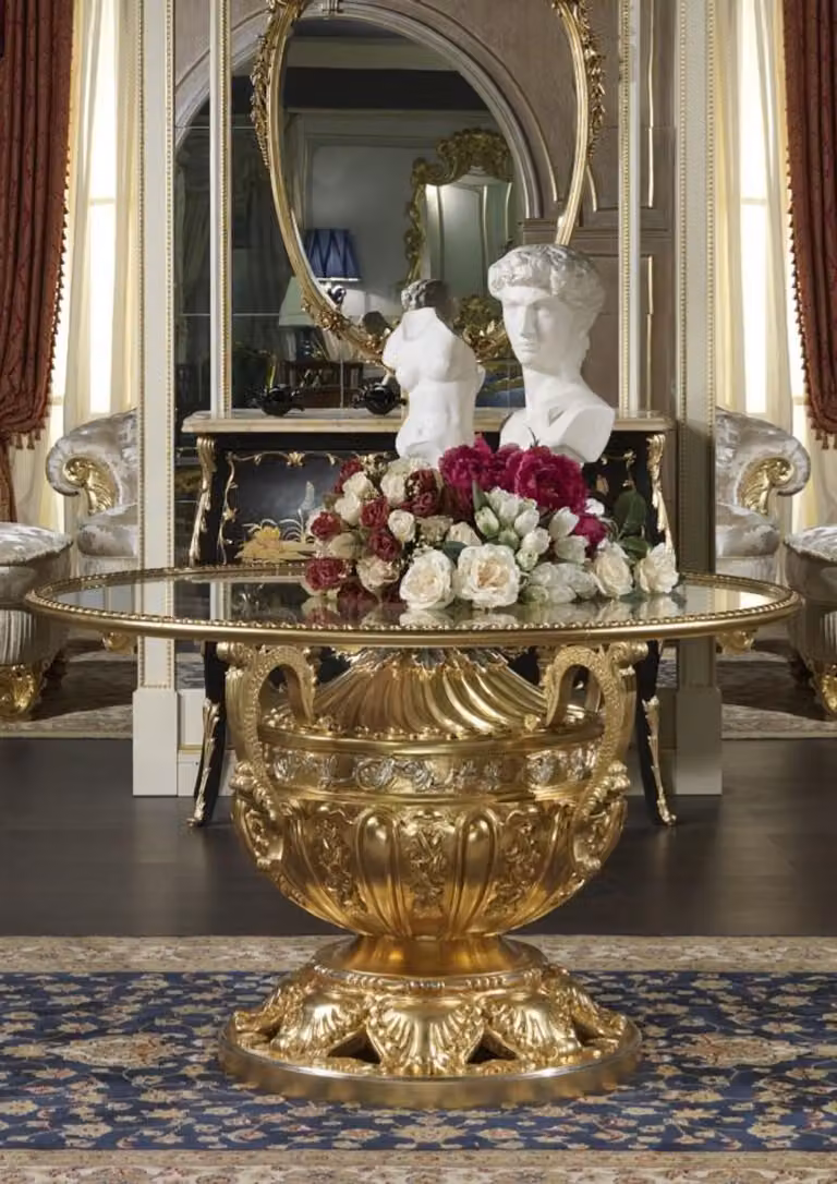 Casa Padrino tavolo da pranzo barocco oro/argento Ø 120 x h. 78 cm - Magnifico tavolo da sala da pranzo intagliato a mano con piano in vetro - Arredi per hotel ristoranti castelli - Qualità lusso - Italy