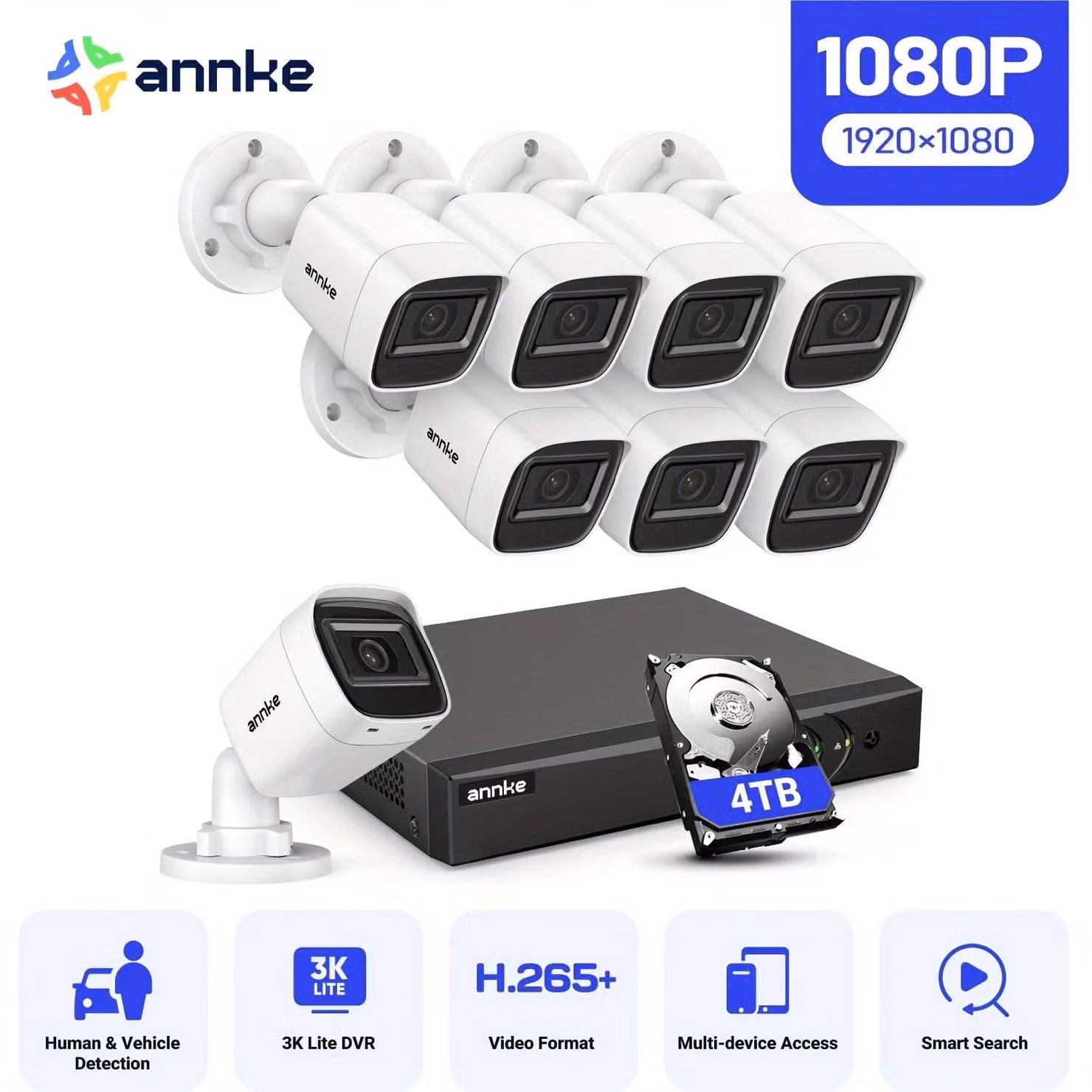 Sistema di sicurezza - Kit di videosorveglianza - Telecamera di sicurezza - Telecamera per videosorveglianza - DVR a 8 canali - 8 telecamere 1080p