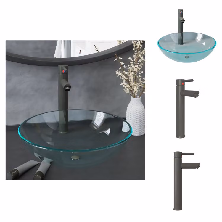vidaXL Set di lavabo con rubinetto e scarico in vetro temperato trasparente - Lavabo da bagno