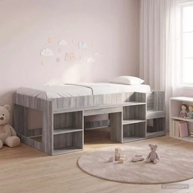 Letto singolo rialzato per bambini vidaXL con ripostiglio laterale in legno ingegnerizzato grigio L: 193 cm, P: 120 cm, H: 65 cm