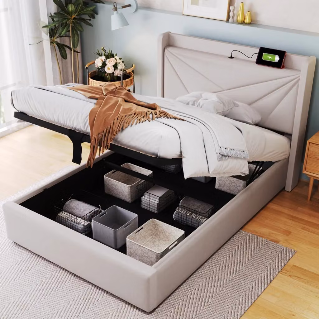 Letto Singolo REDOM Beige con Vano Contenitore a Sollevamento, Porta USB e Struttura Imbottita L/P/H: 90 x 200 x 107 cm – 2