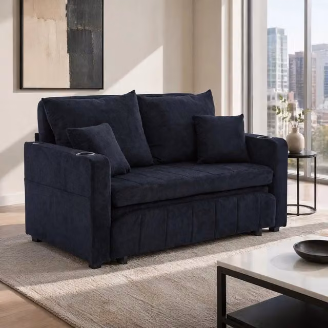 Divano letto 139x83x58 cm trasformabile con tasca portaoggetti in ciniglia nero