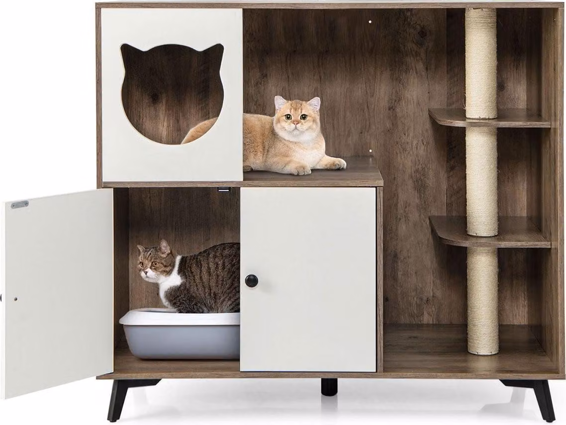 Lettiera per gatti con 3 tiragraffi in sisal, grigio/bianco
