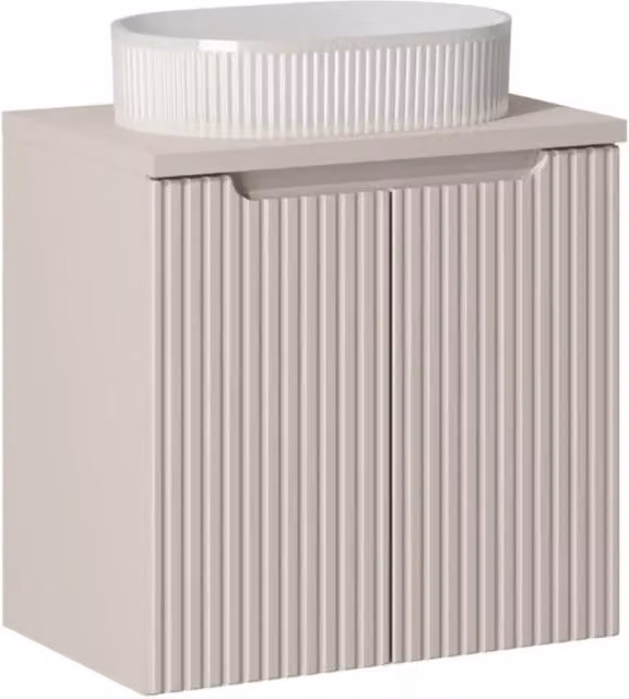 Set VANO cashmere 60cm: mobile sotto lavabo con armadietti + piano per lavabo + lavabo da appoggio scanalato bianco