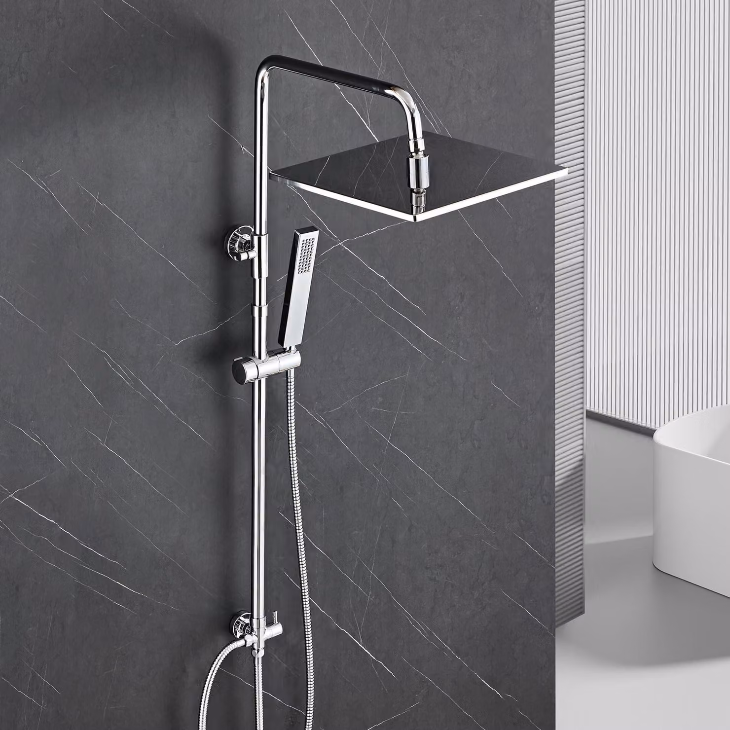 Doccia a soffitto, 30x30 cm, cromata, asta regolabile in altezza da 74 a 114 cm