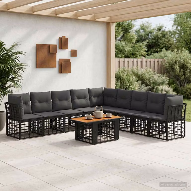 Set Divano da Giardino Moderno vidaXL in Polyrattan e Legno di Acacia, 10 Pezzi, Nero e Grigio scuro