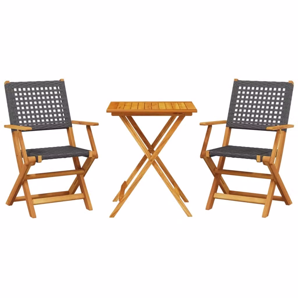 Set da Bistrot 3 pz Nero in Polyrattan e Legno Massello
