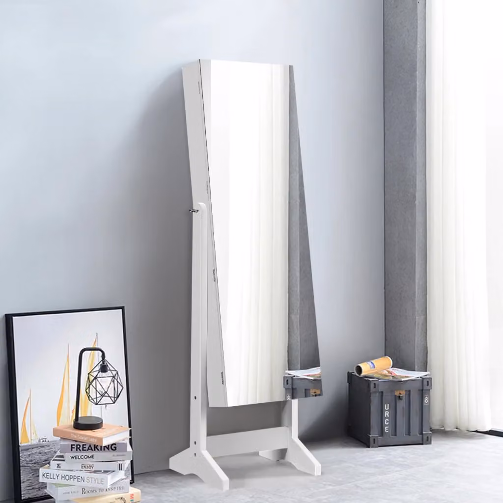 Armadio portagioie verticale Design Mania con specchio a figura intera e serratura, Bianco, H: 146,0 cm, L: 41,0 cm, P: 36,5 cm – 2