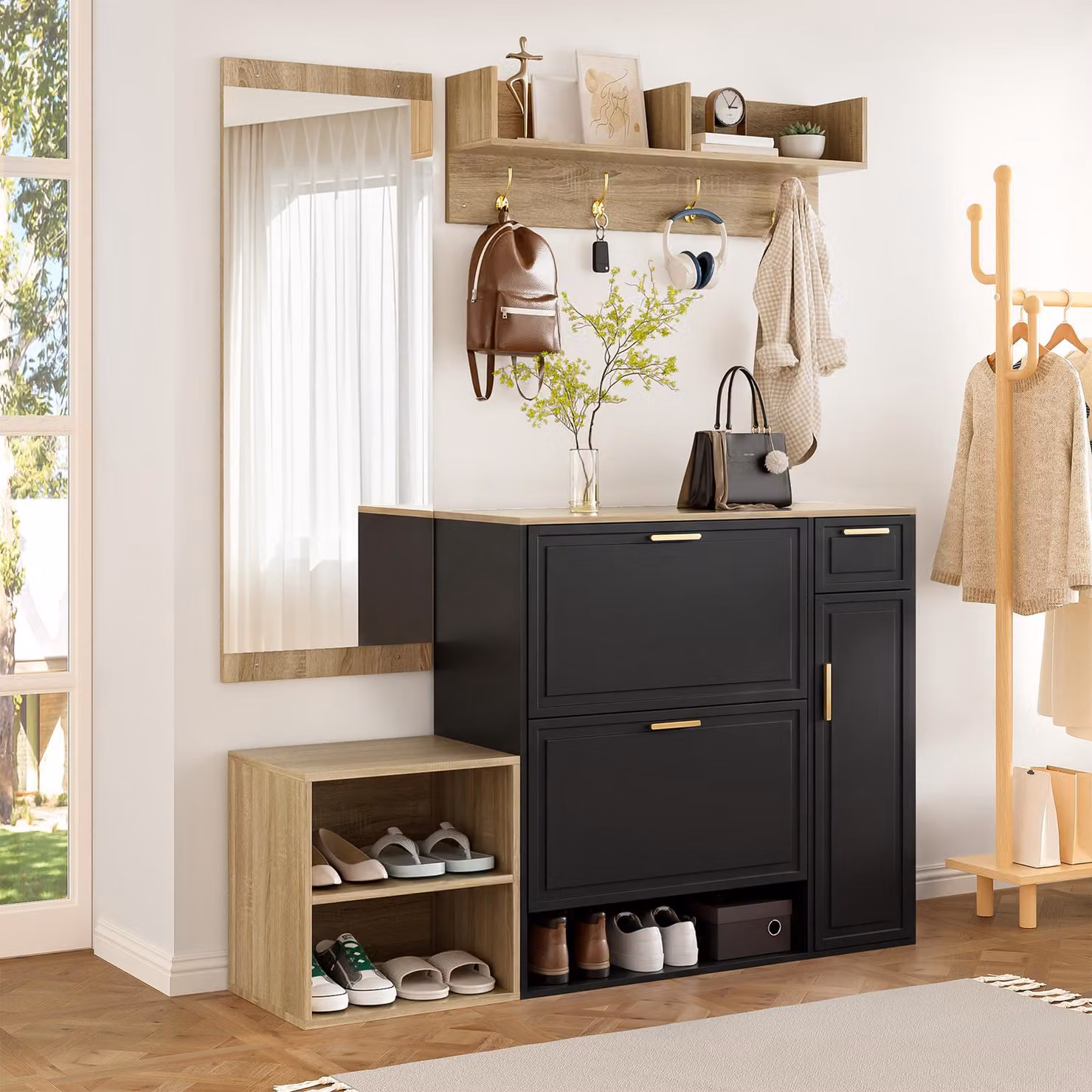 Set guardaroba moderno Aosom da 4 pezzi nero con scarpiera, panca, specchio e appendiabiti per ingresso – 2