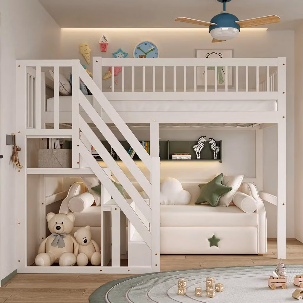 Letto a Soppalco Singolo Bianco con Scala Contenitore e Sponde Alte in Legno e MDF, L/P: 90 x 200 cm, H: 173 cm – 2