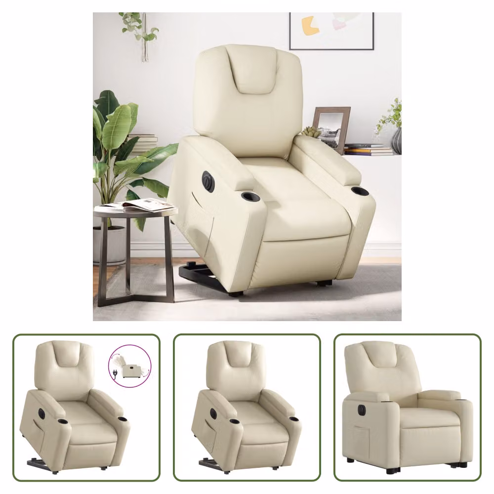 The Living Store Poltrona relax con supporto elettrico in Pelle finta color crema