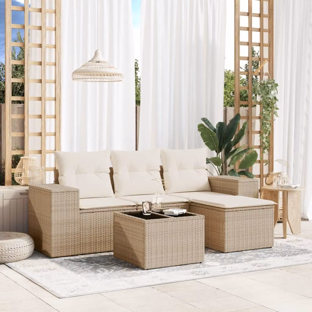 vidaXL Set Divano da Giardino 5 pz a L in Polyrattan con Cuscini Beige e Tavolino in Vetro