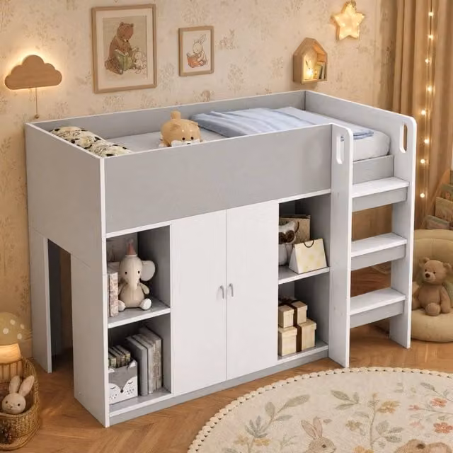 Letto a soppalco 90x200 cm grigio con armadio, ripiani e scala