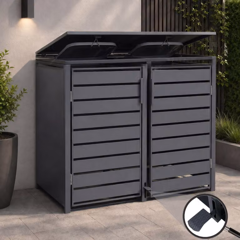 Copertura per 2 bidoni della spazzatura HWC-Q75, box per bidoni della spazzatura, coperchio con pedale in metallo 116x132x89 cm 53 kg ~ antracite