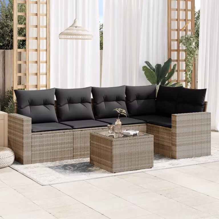 vidaXL Set Divano da Giardino a L 6pz con Tavolino in Vetro e Cuscini Grigio Chiaro in Polyrattan e Acciaio