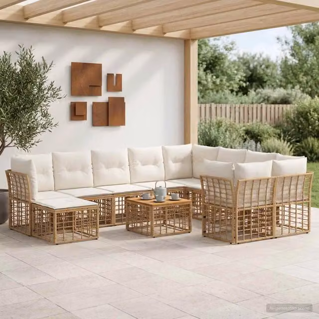 Set di divani da esterno 11 pz Naturale e Bianco Crema 3437624