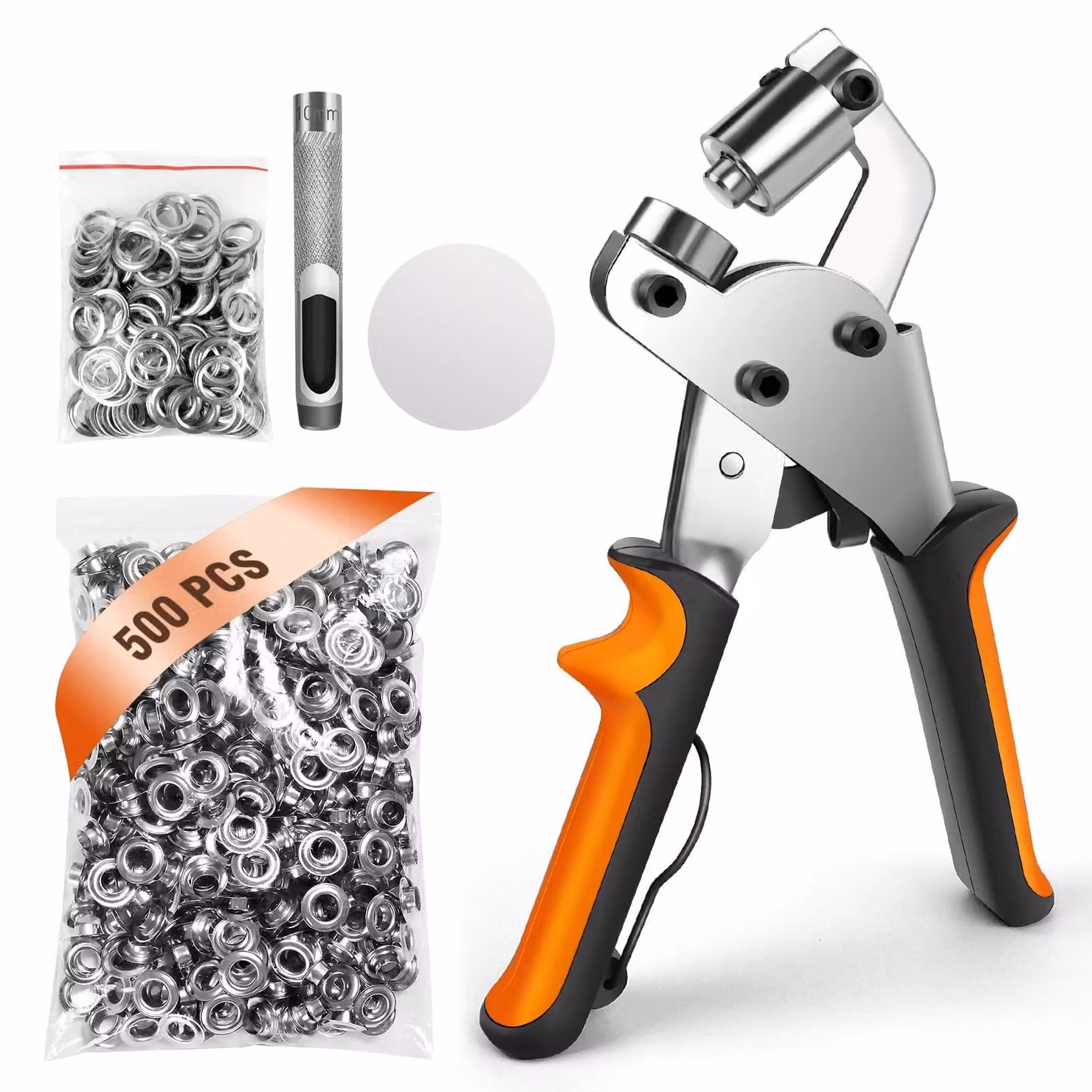 Kit per occhielli: pinza per occhielli e punzone da 10 mm - 500 occhielli - utensile manuale - per cinture, pelle, tessuto, teloni