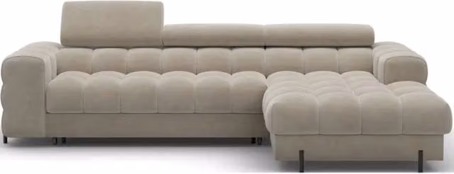 Divano angolare destro convertibile Meublorama in velluto beige con pouf coordinato e funzione letto L/P/H: 285 x 99 x 181 cm